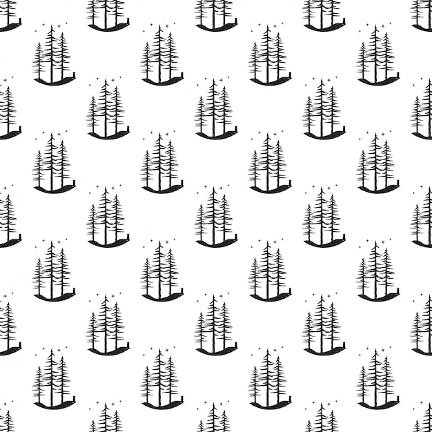 Pine tree pattern background. simple seamless illustration of monochrome engraved fir trees.