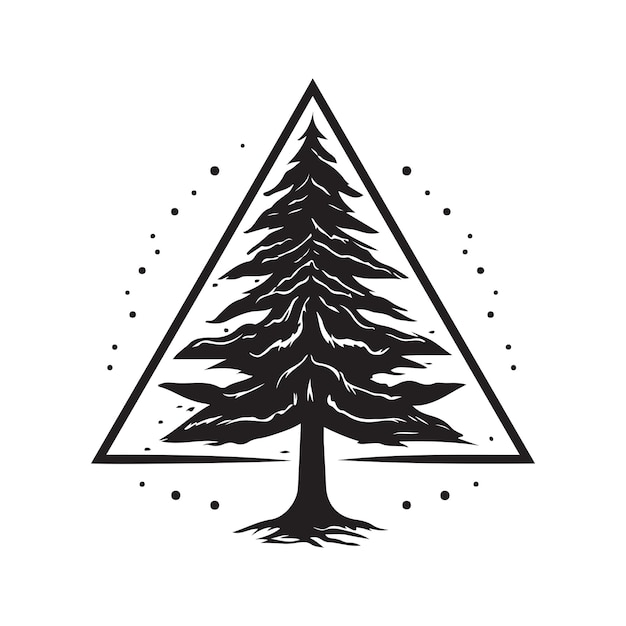 Pine tree vintage logo concept black and white color hand drawn illustration