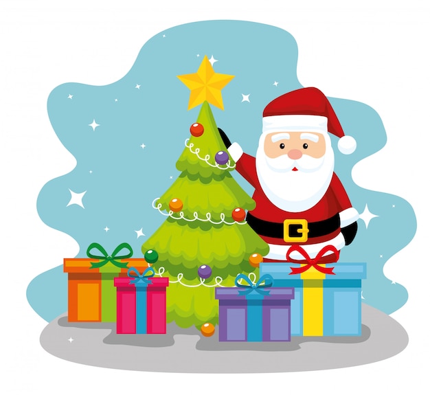 Pine tree with santa claus and gifts