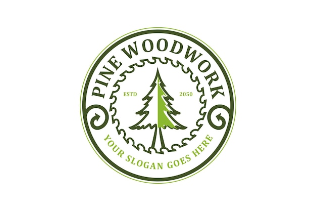 Pine tree wood work logo design rounded emblem shape conifer forest nature with circular saw logging