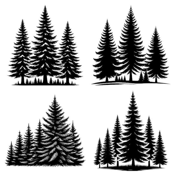 Vector pine trees forest landscape silhouette set vector illustration isolated on a white background