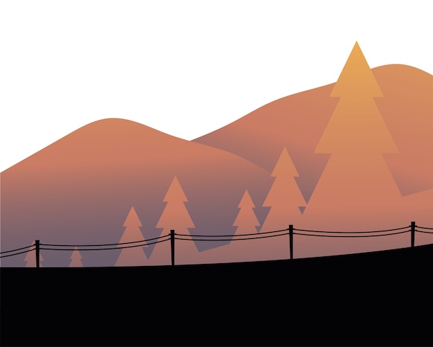 Vettore alberi di pino davanti al paesaggio di montagna con illustrazione di recinzione