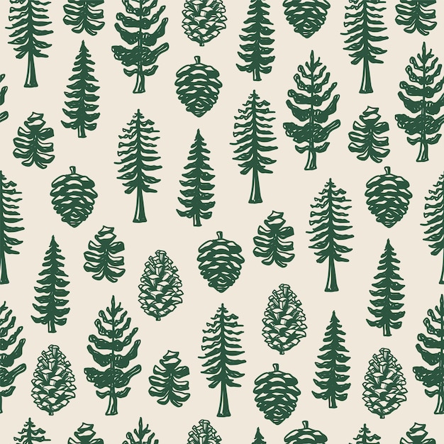Pine trees hand drawn pattern seamless vector