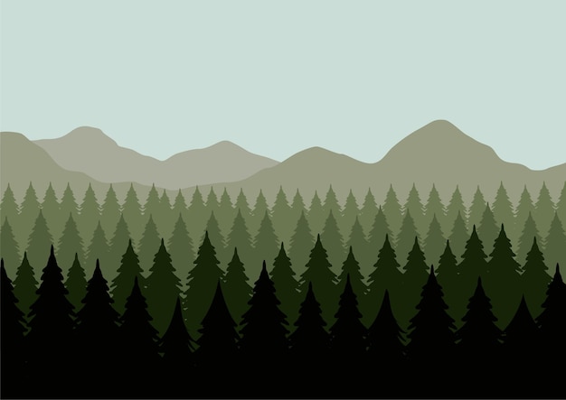 Pine trees and mountains. Vector illustration of a coniferous forest.