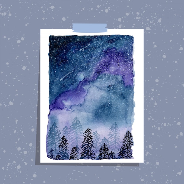 Vector pine trees and starry sky watercolor