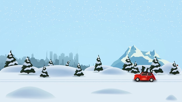 Vector pine winter forest, silhouette city, snowy mountain and red vintage car carrying christmas tree