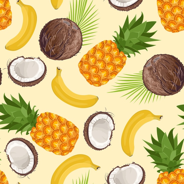 Modello senza cuciture di ananas, banana e cocco.