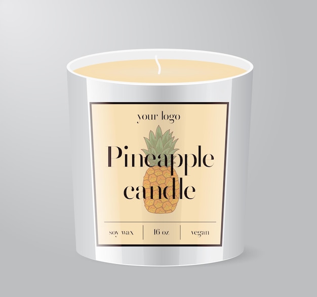 Modello di etichetta della candela all'ananas confezione di tazza di vetro isolata