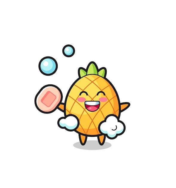 Pineapple character is bathing while holding soap , cute style design for t shirt, sticker, logo element