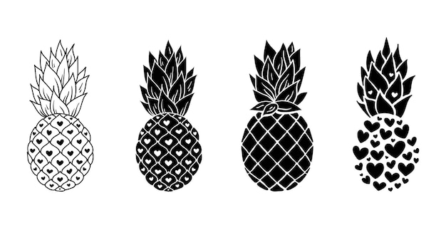 Набор ананасовых клипартов, черно-белый силуэт ананаса, фруктовая иллюстрация