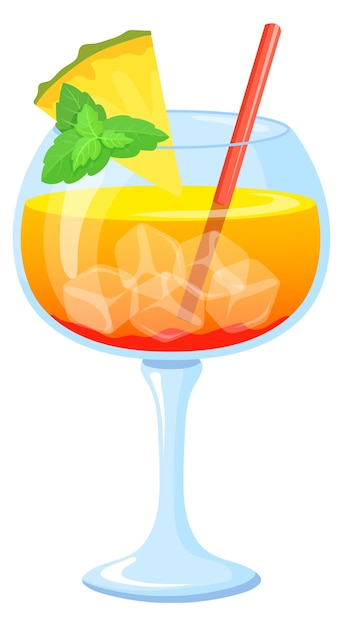 Vector pineapple cocktail glass cartoon icon summer drink