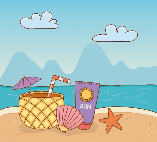 Vector pineapple cocktail and set items beach scene