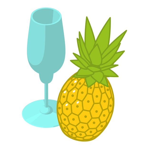 Икона ананасового напитка изометрический вектор стеклянный бокал рядом с свежим желтым ананасом концепция напитка естественный ингредиент