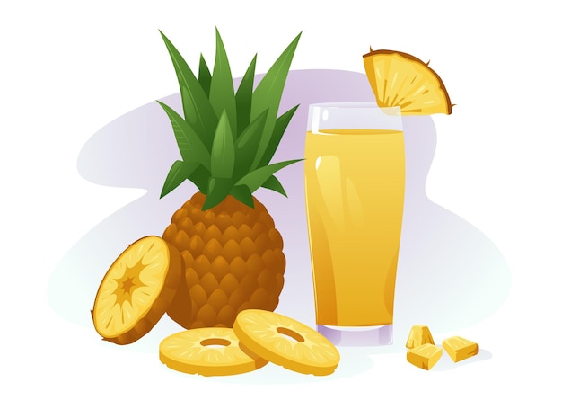 Vector pineapple drink natural fresh delicious juice cocktail glass of tropical summer healthy sweet exotic beverage cartoon style vector illustration