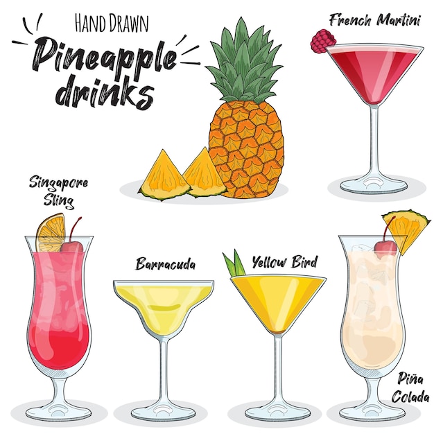 Vector pineapple drinks set pina colada yellow bird singapore sling barracuda and french martini