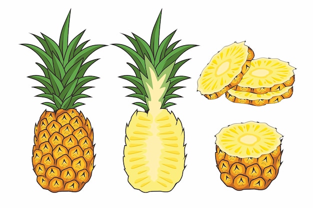 Insieme del fumetto della frutta dell'ananas isolato su bianco