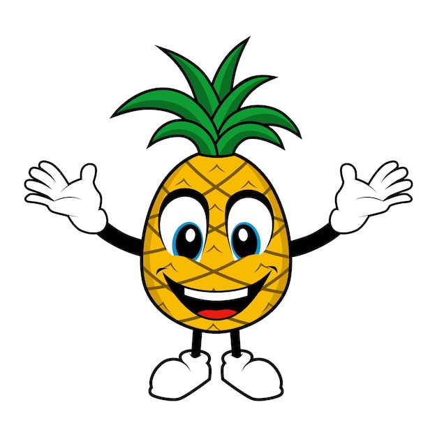 Fumetto della mascotte della frutta dell'ananas con la faccia sorridente felice