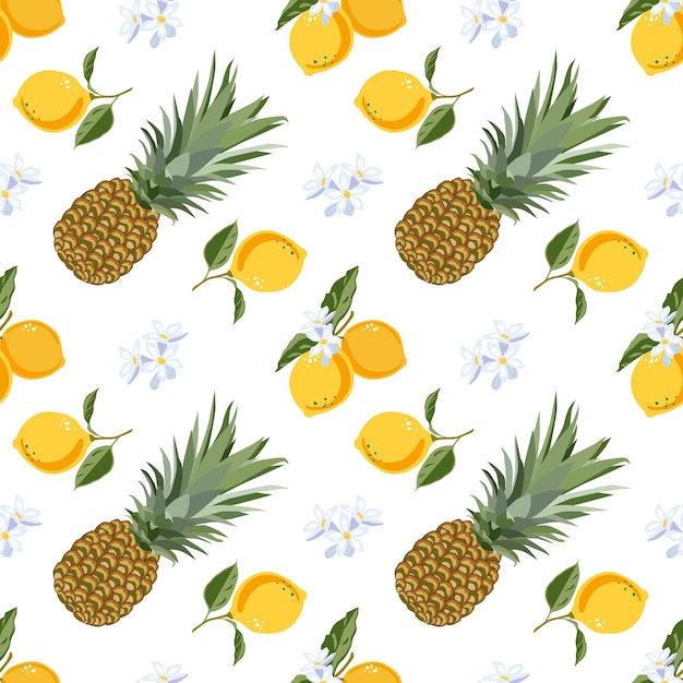 Pineapple fruits lemons flowering fruits seamless patterns summer tropical fruits for a healthy lifestyle vector illustration of cartoon flat organic food