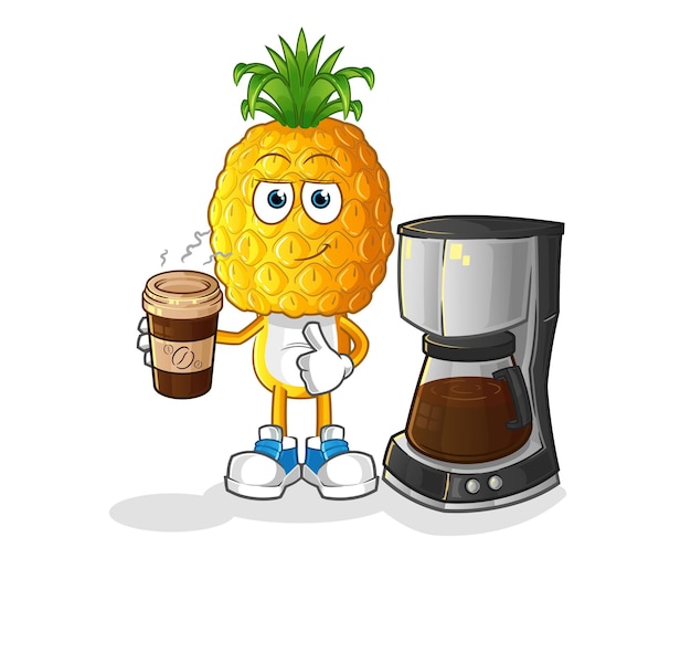 Pineapple head cartoon drinking coffee illustration character vector