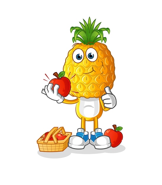 Cartone animato testa di ananas che mangia un'illustrazione di mela. vettore di caratteri
