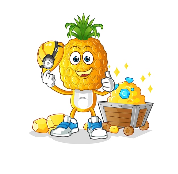 Pineapple head cartoon miner with gold character. cartoon vector