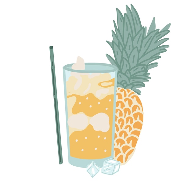 Vector pineapple juice flat design with ice cubes and fruit