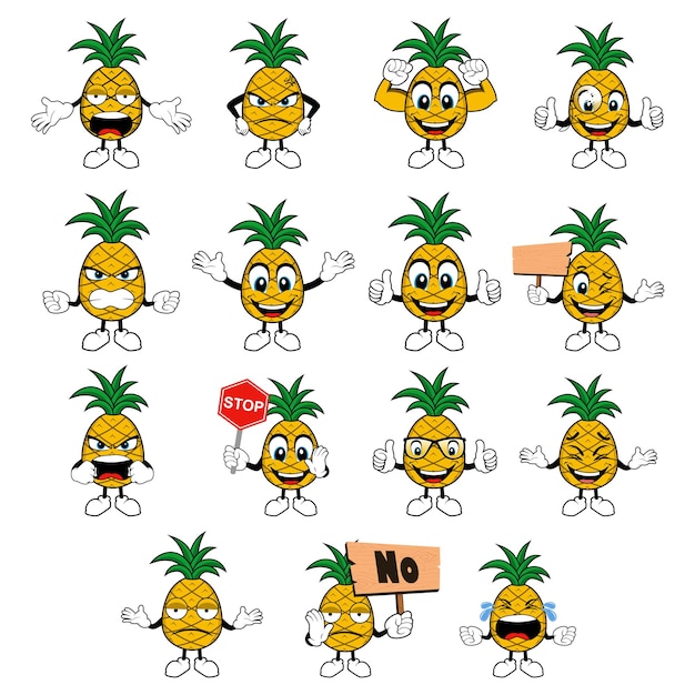 Mascotte di ananas con emozioni diverse ambientate in un vettore di stile cartoon