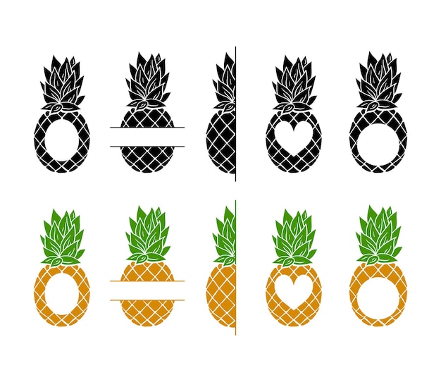 Vector pineapple monogram frame cliparts bundle,  tropical fruit frame with place for text