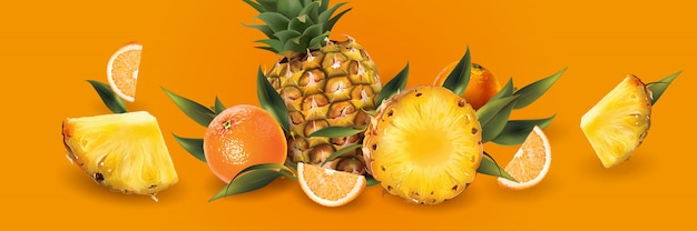 Vettore ananas e arance su uno sfondo arancione