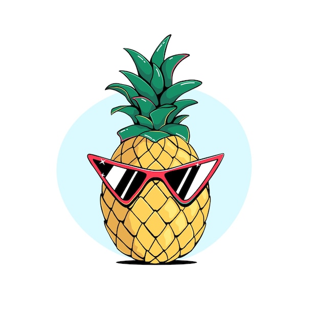 Pineapple in red sunglasses summer illustration in comic, cartoon style, vector drawing