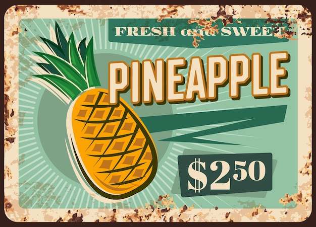 Pineapple rusty metal plate vector tropical fruit