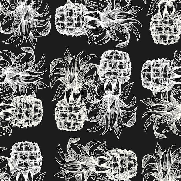 Vector pineapple seamless pattern. hand drawn vector tropical fruit illustration on chalk board. engraved style ananas fruit.