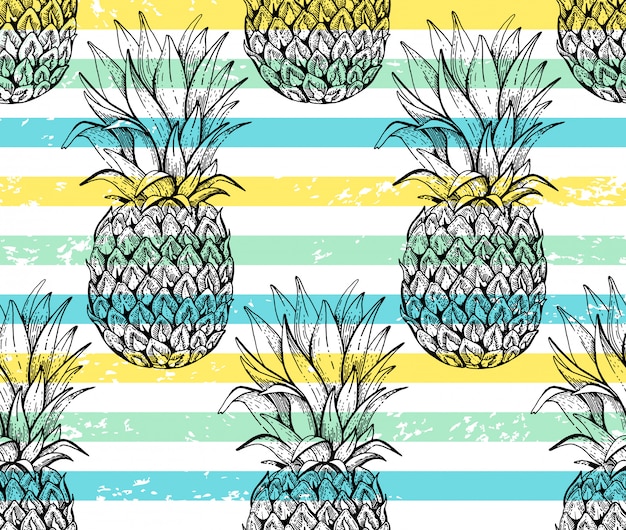 Vector pineapple seamless pattern, sketch doodle texture.