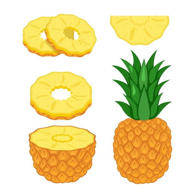 Pineapple set Pineapple half slices and whole fruit isolated on white background flat style