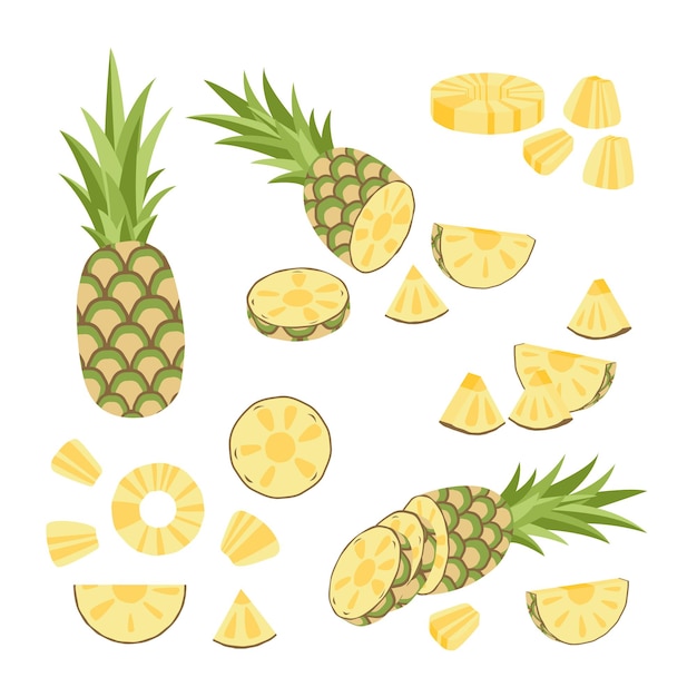 Vettore set di ananas pezzo di ananas tondo tagliare l'ananas piatto isolato illustrazione vettoriale eps