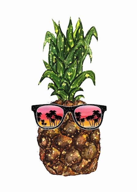 Pineapple in a sunglasses watercolor illustration