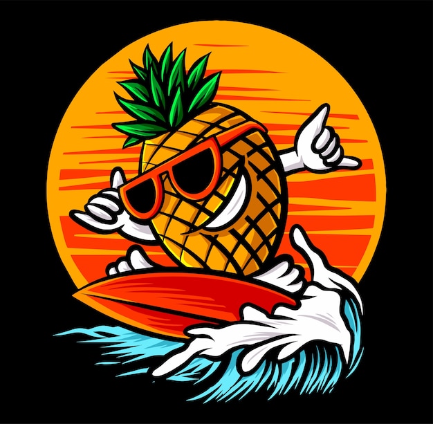 Vettore spiaggia surf ananas isolata sul nero