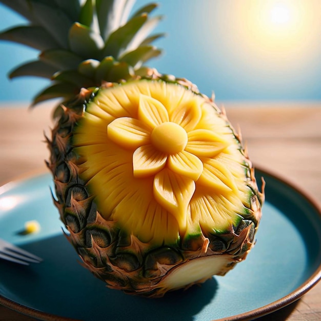 A pineapple that has a yellow flower on it