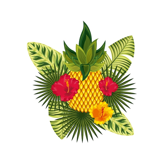 Vettore ananas e fiori e foglie tropicali