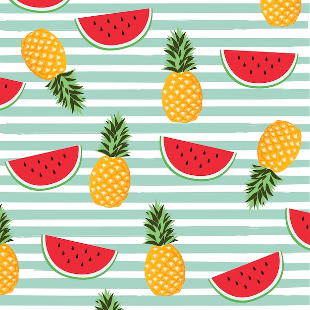 Pineapple and watermelon with stripes seamless pattern background. Fruit poster design