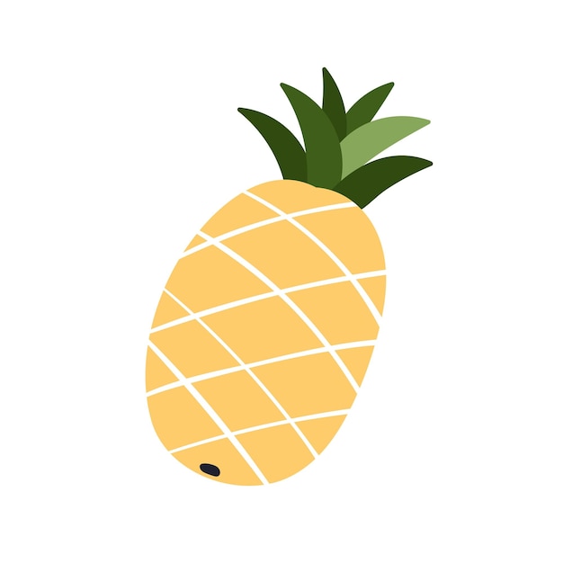 Pineapple, whole fruit icon. Exotic tropical vitamin food with yellow skin and leaf top. Fresh ripe ananas. Sweet natural eating. Flat vector illustration isolated on white background.