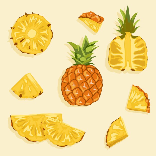 Vector pineapple whole and half ripe tropical fruit summer food food icons in vector