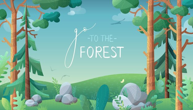 Vector pines and firs on green hills concept illustration