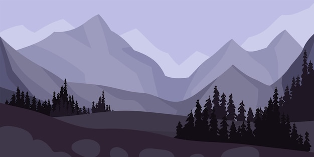 Vector pines and mountain peaks covered with snow horizontal landscape vector illustration