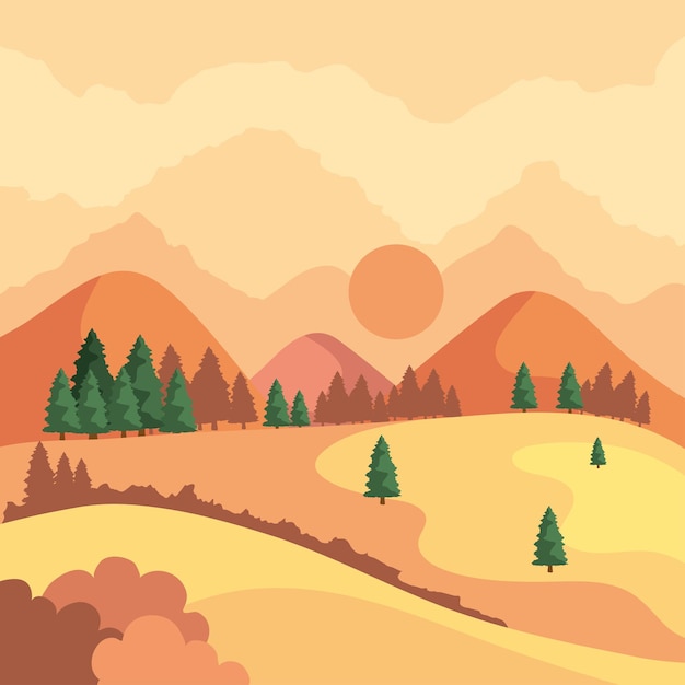 Vector pines in sunset landscape