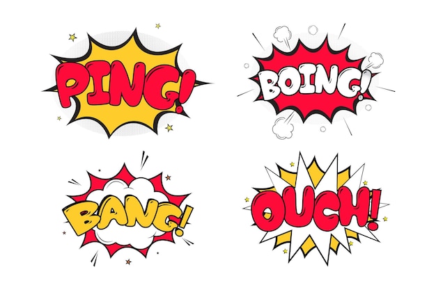 Комикс Ping Boing: белый, красный и желтый цвета. Комический взрыв Ouch Bang с желтым, белым и красным цветами. Комический взрыв с разноцветными облаками. Текстовые пузыри для мультипликационных речей.