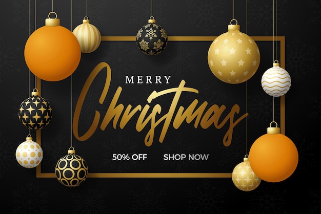 Ping pong kerst verkoop banner. Merry Christmas sport wenskaart. Hang op een draad Tafeltennisbal als een kerstbal en gouden kerstbal op zwarte horizontale achtergrond. Sport vectorillustratie.