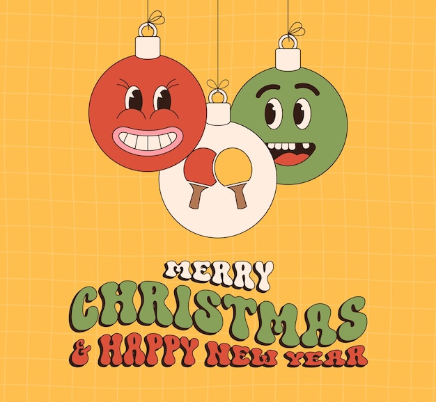 Vector ping pong merry christmas and happy new year groovy sports greeting card hanging ball as a groovy christmas ball on vibrant background vector illustration