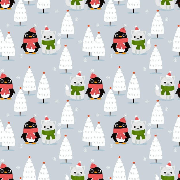 Vector pinguïn en vos in het naadloze patroon van het kerstmiswinterbos
