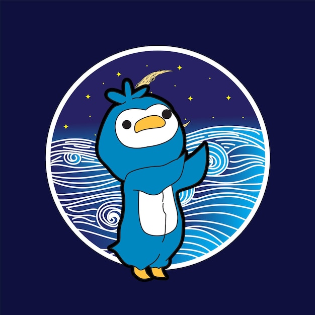 pinguïn illustratie ontwerp met japanse stijl achtergrond en logo